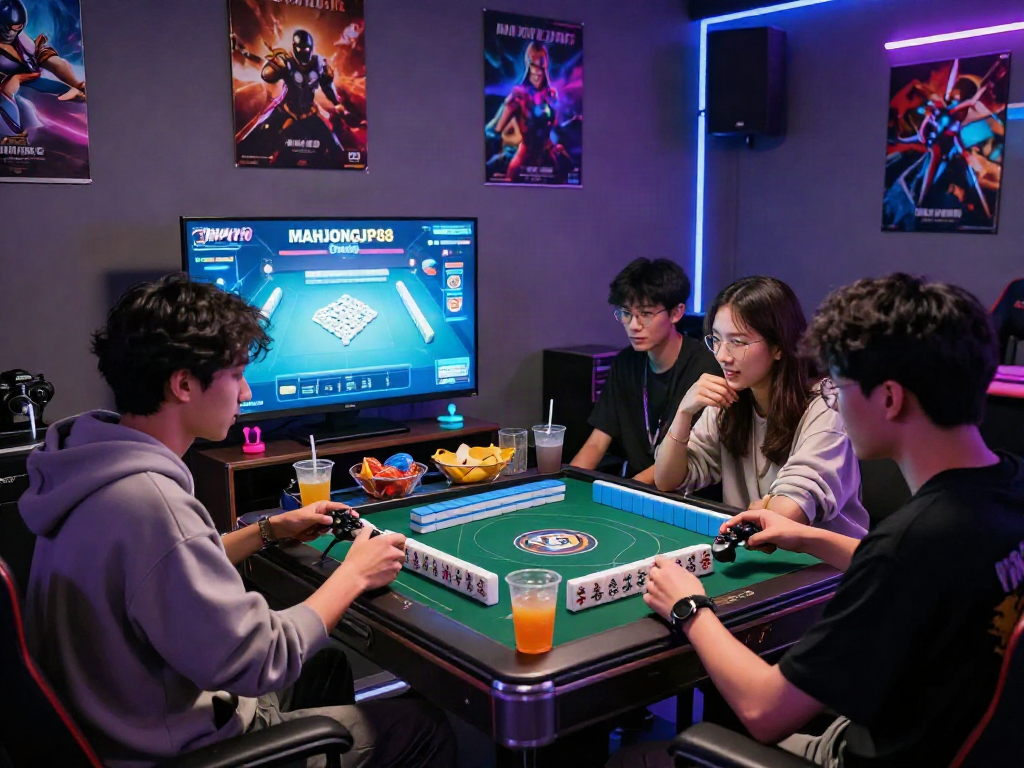 Engaging scene of friends playing MAHJONGJP88 Online in a cozy gaming lounge, showcasing strategies, snacks, and joy.