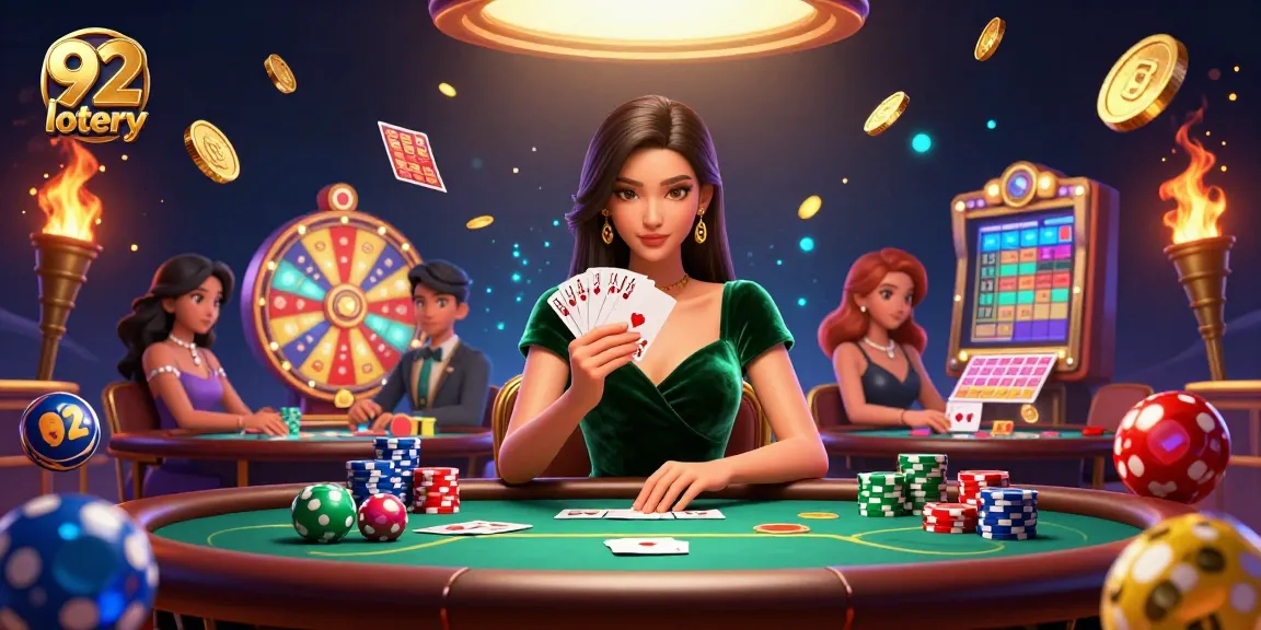 Win big with 92 lotery by playing exciting games illustrated in a dynamic casino scene.