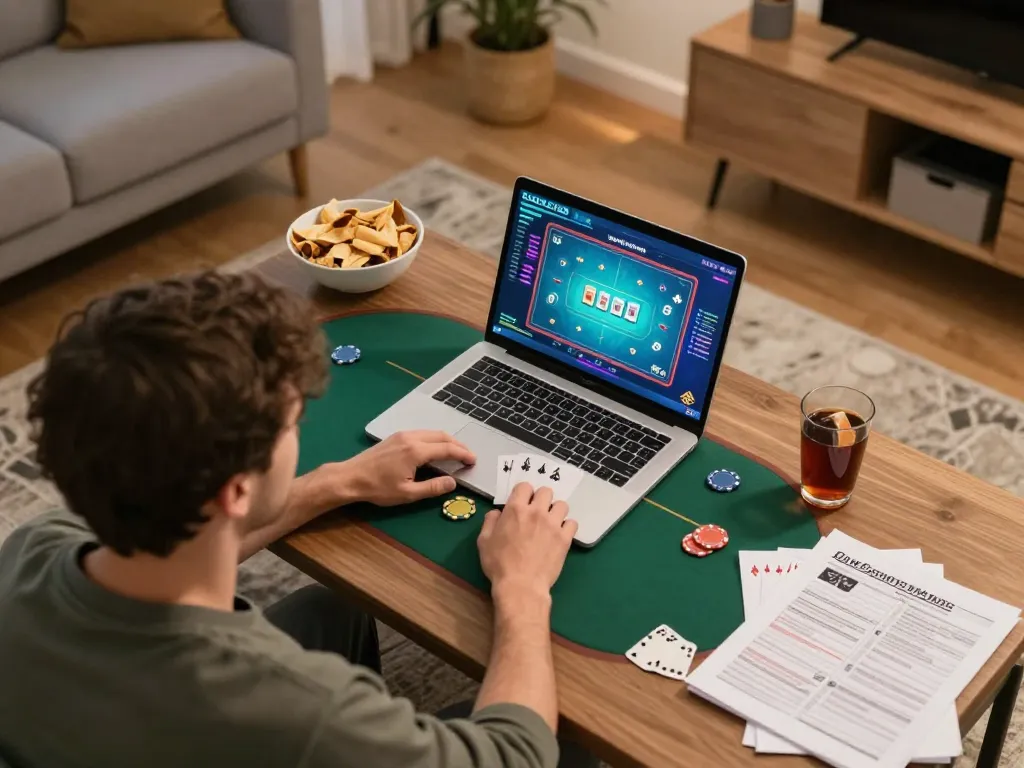 prisonersofthecrown playing a poker game online in a cozy home setting with strategic notes.