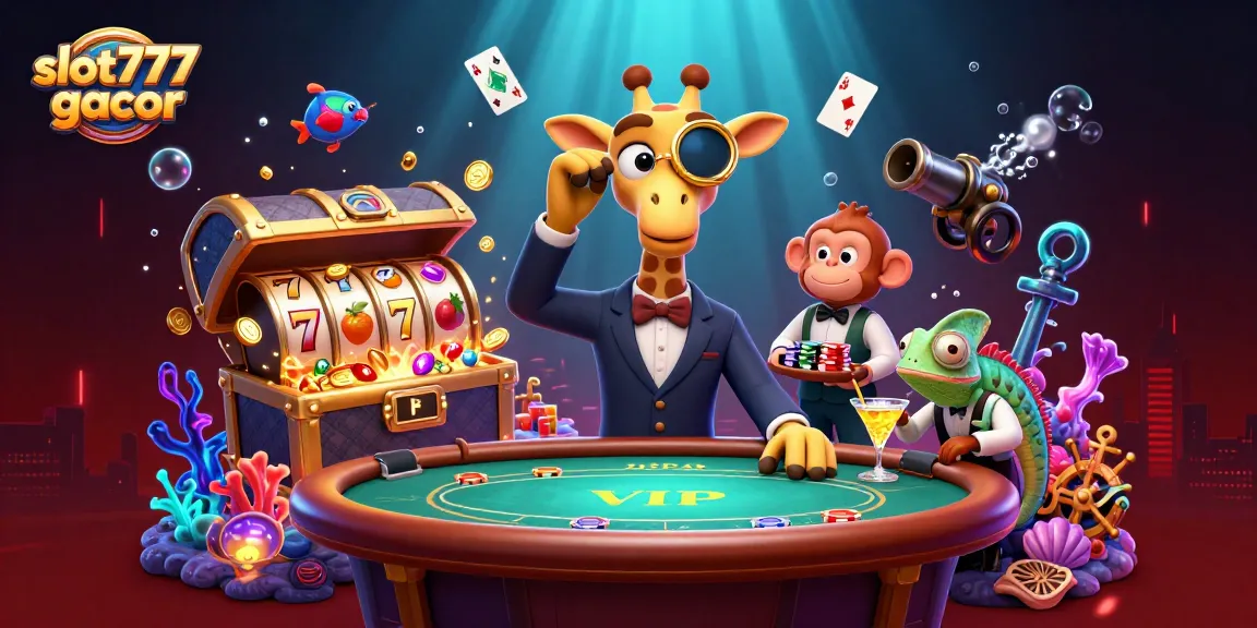 Experience the thrill of slot777 gacor with a captivating giraffe in a suit at a dazzling casino scene.