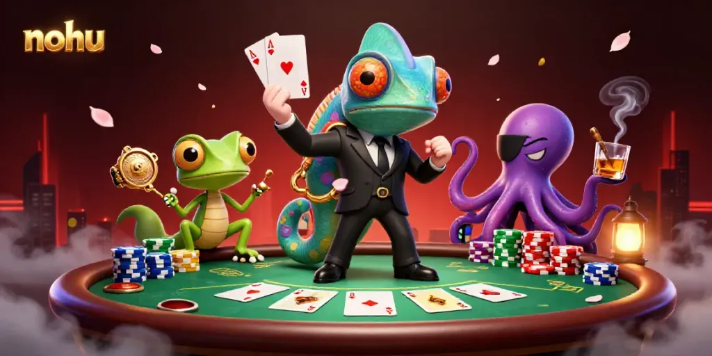 Experience nohu's thrilling poker action with cartoon characters at a dynamic casino scene.