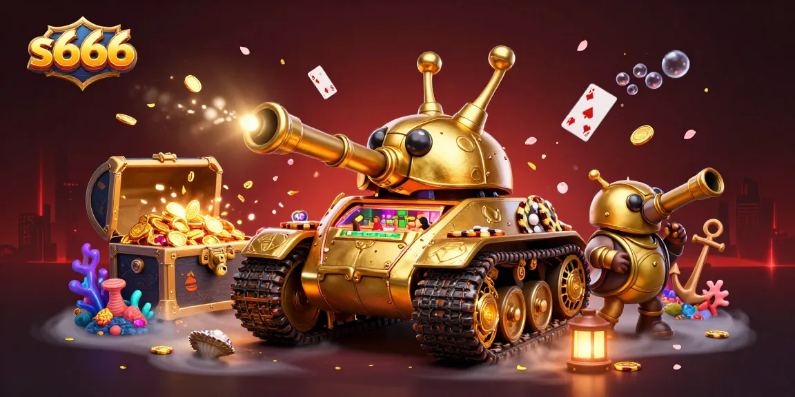 S666 casino-themed scene showcases a golden beetle tank revealing a mini casino, immersing players in vibrant gambling excitement.