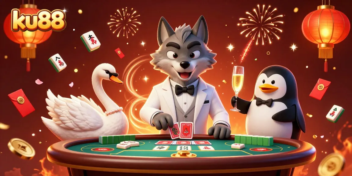 Play exciting baccarat at ku88 with a debonair wolf, elegant swan, and sophisticated penguin.