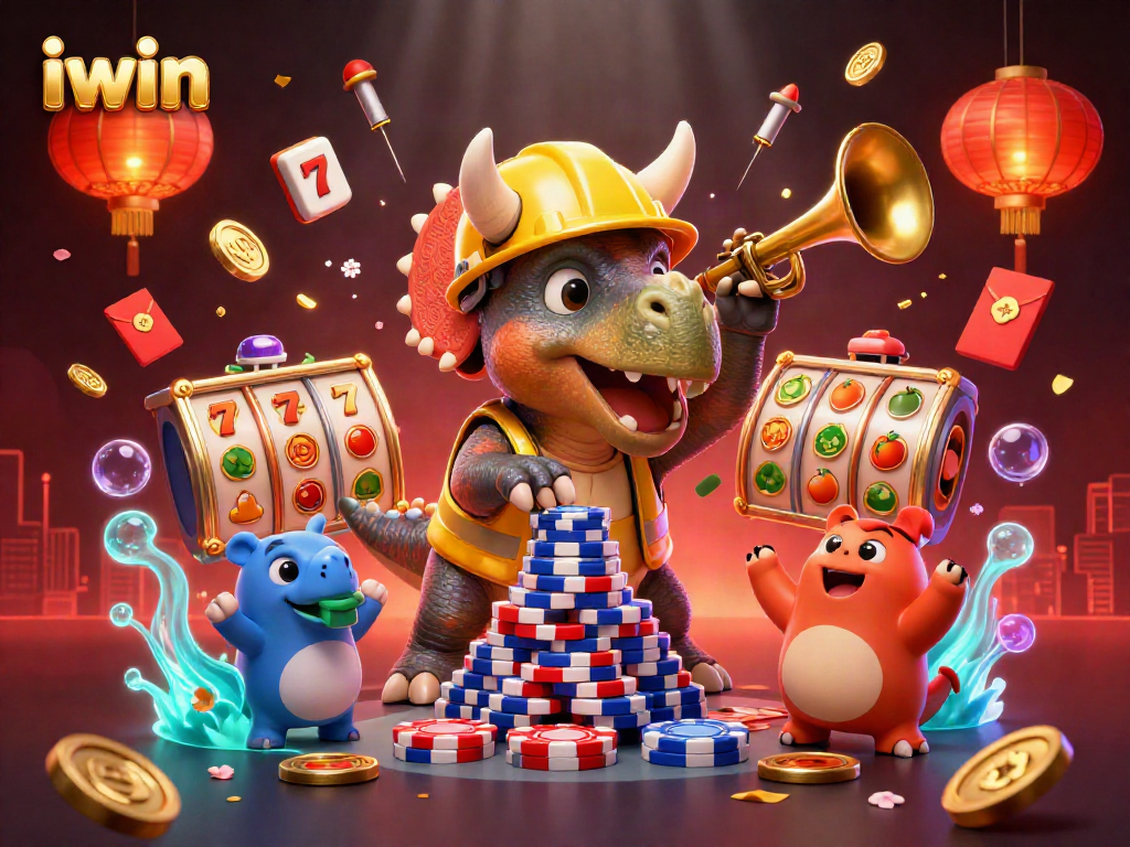 Engage with iwin's vibrant casino scene featuring a triceratops building poker chips surrounded by festive elements.