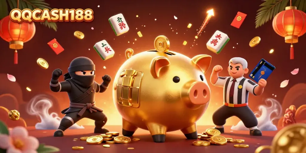 Experience thrilling gameplay with QQCASH188, featuring dynamic characters in an exciting casino scene.