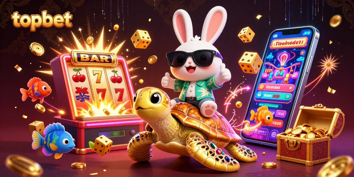 Experience topbet thrills with an adorable rabbit and golden turtle in a vibrant casino illustration.