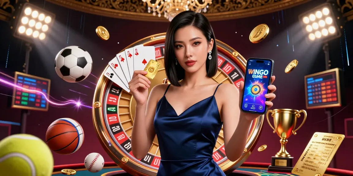 Experience the thrill of Wingo Game with a dynamic 3D illustration showcasing a confident woman with a smartphone and casino elements.