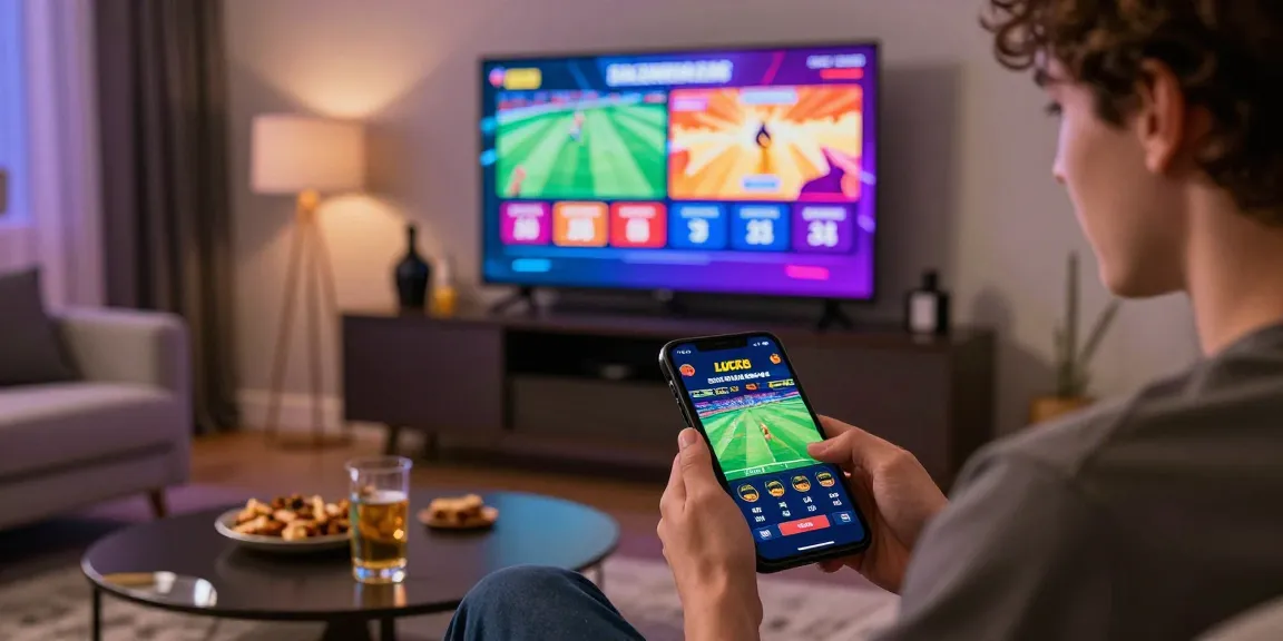 Exciting LUCK8 online betting experience with user engaging on mobile device in modern living room during live sports.