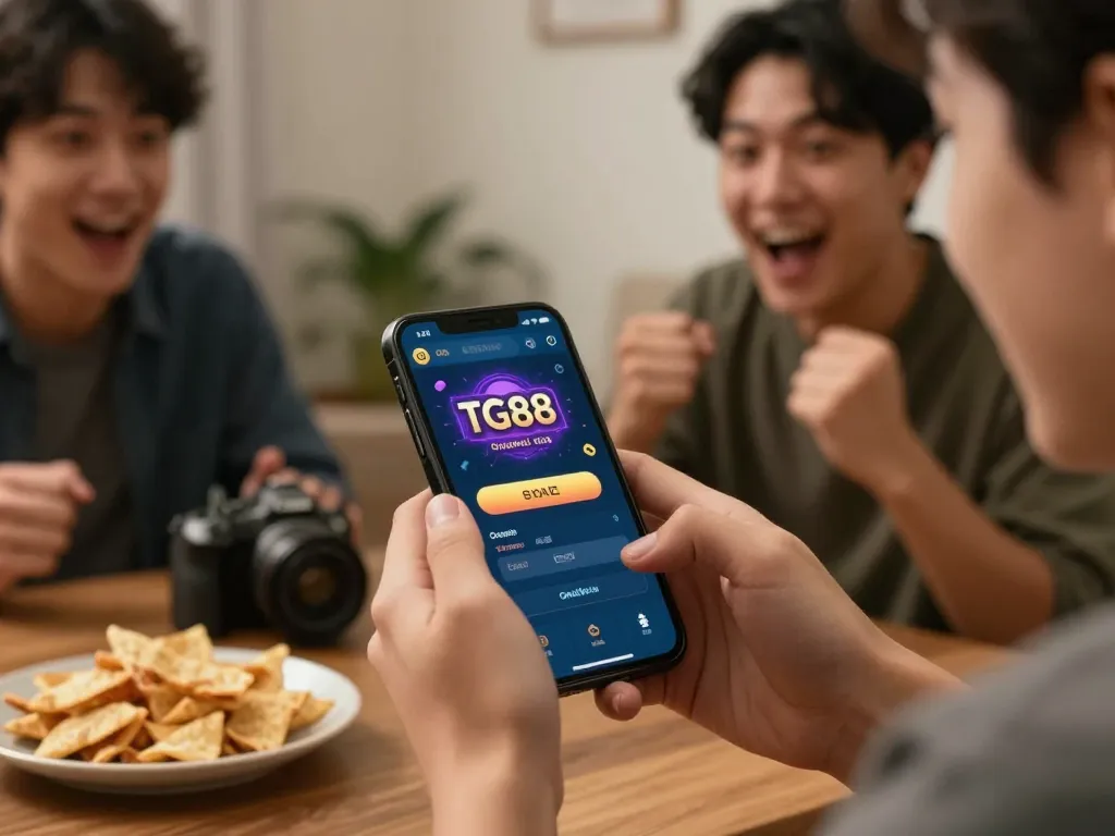 TG88 players excitedly betting on mobile gambling app in cozy environment with snacks.