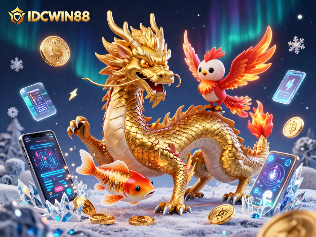 Experience the thrilling world of IDCWIN88 with a majestic dragon, phoenix, and koi fish amidst vibrant digital tokens.
