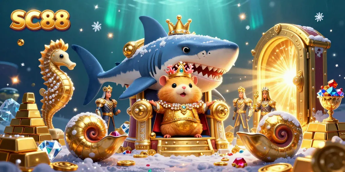 SC88 showcases a vibrant underwater casino scene with a golden hamster king on a megalodon tooth throne, celebrated with treasure and gems.