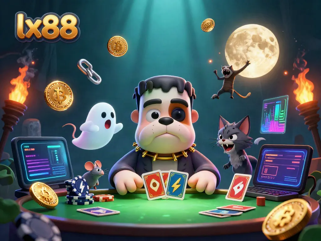 Experience thrilling gameplay at lx88 with a cartoon bulldog dealer and ghostly mouse amidst enchanting casino elements.