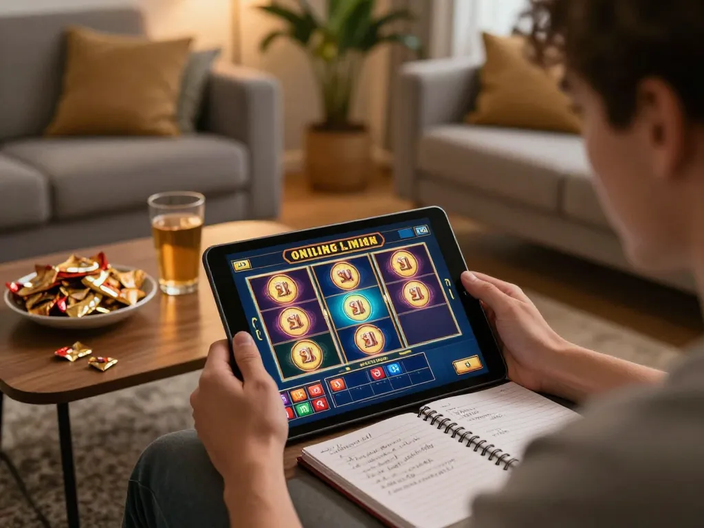 Player enjoying an online gambling session on tr88 while strategizing with notes in a cozy setting.