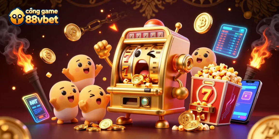 cổng game 88vbet showcases a vibrant jackpot scene with a golden slot machine celebrating its win.