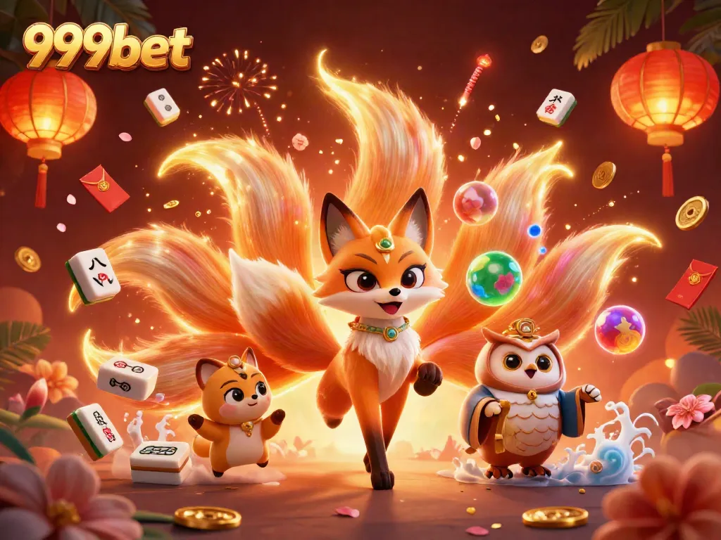 Experience the enchanting world of 999bet with a vibrant fox spirit and wise owl amidst floating casino elements.