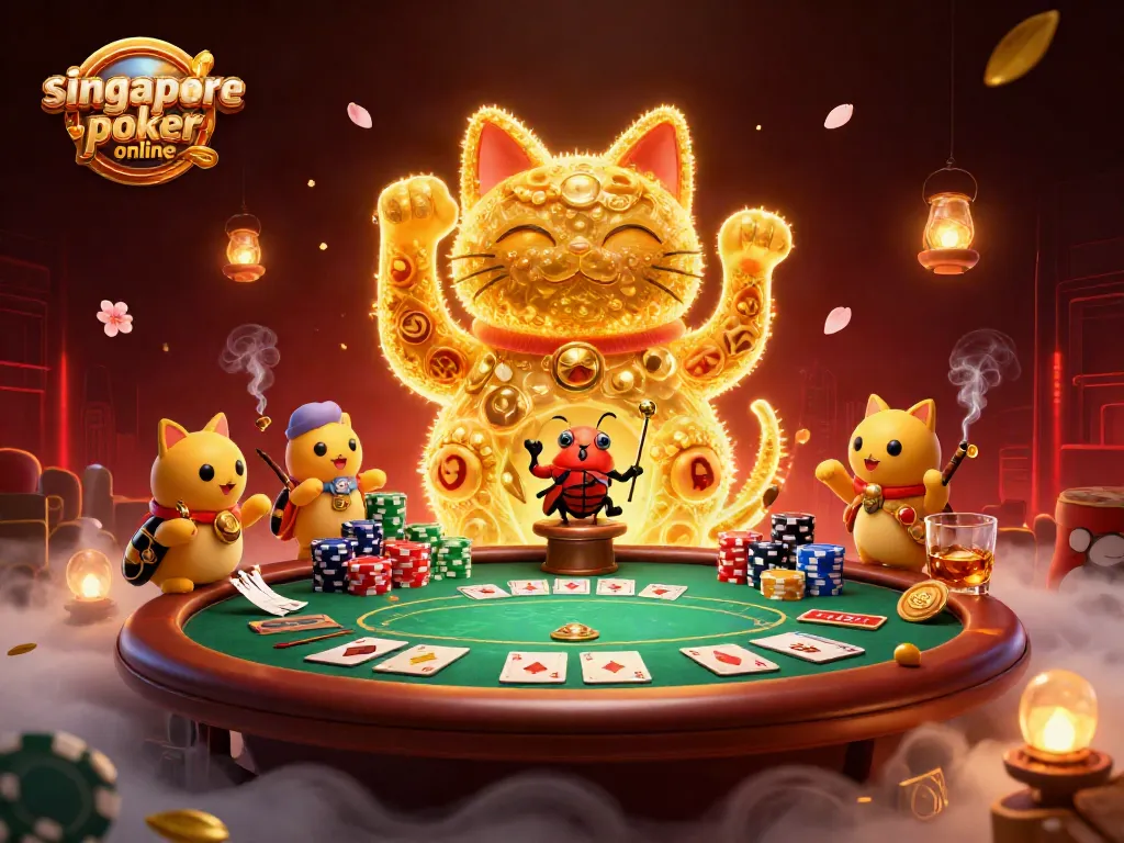 Experience captivating gameplay with singapore poker online, featuring a vibrant scene of poker action with a lucky cat surrounded by chips and cards.