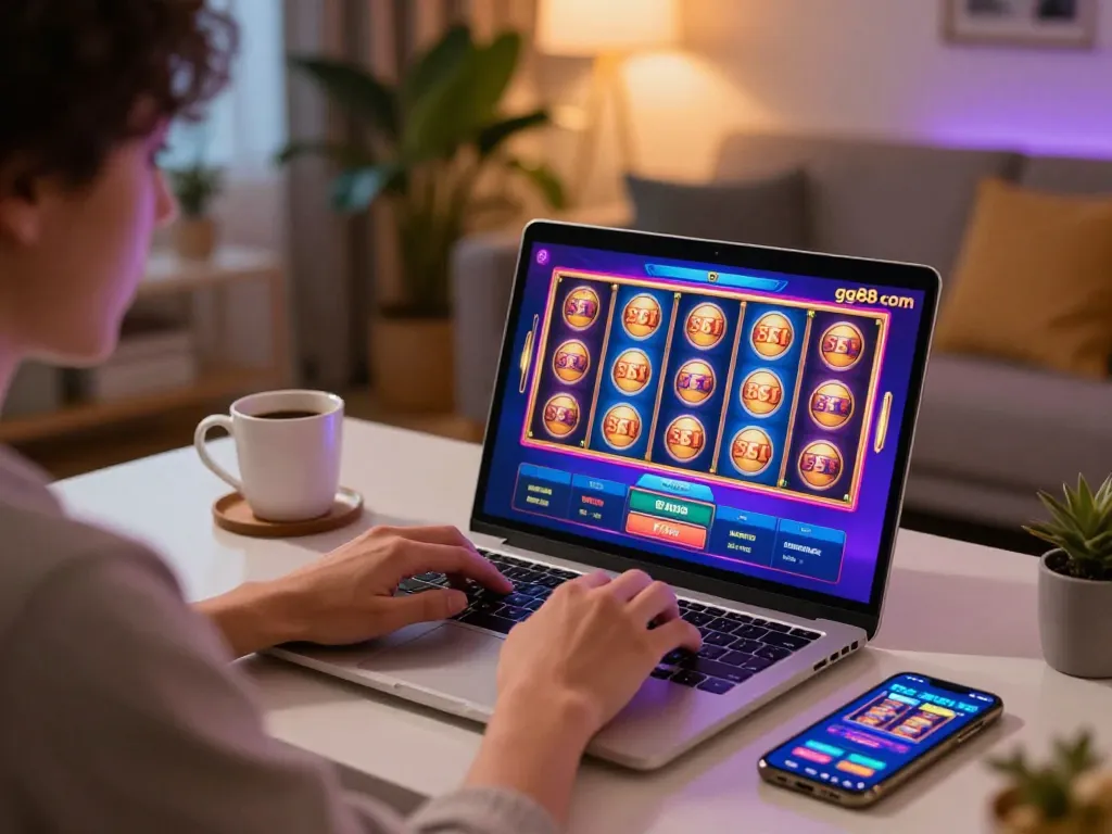 Engaging online gaming moment with gg88 com slot interface displayed on laptop screen, cozy home setting.