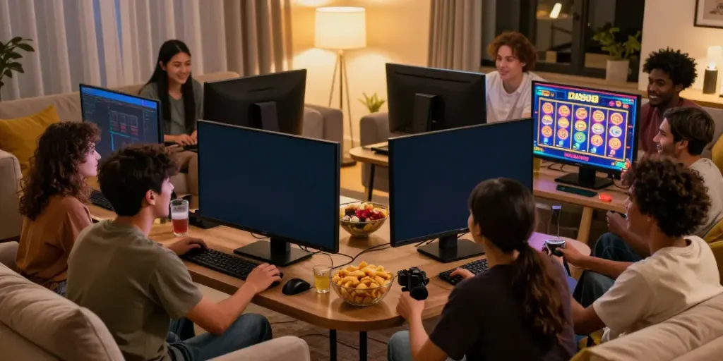 Engaging scene of friends enjoying DA88 online games in a cozy living room setting.