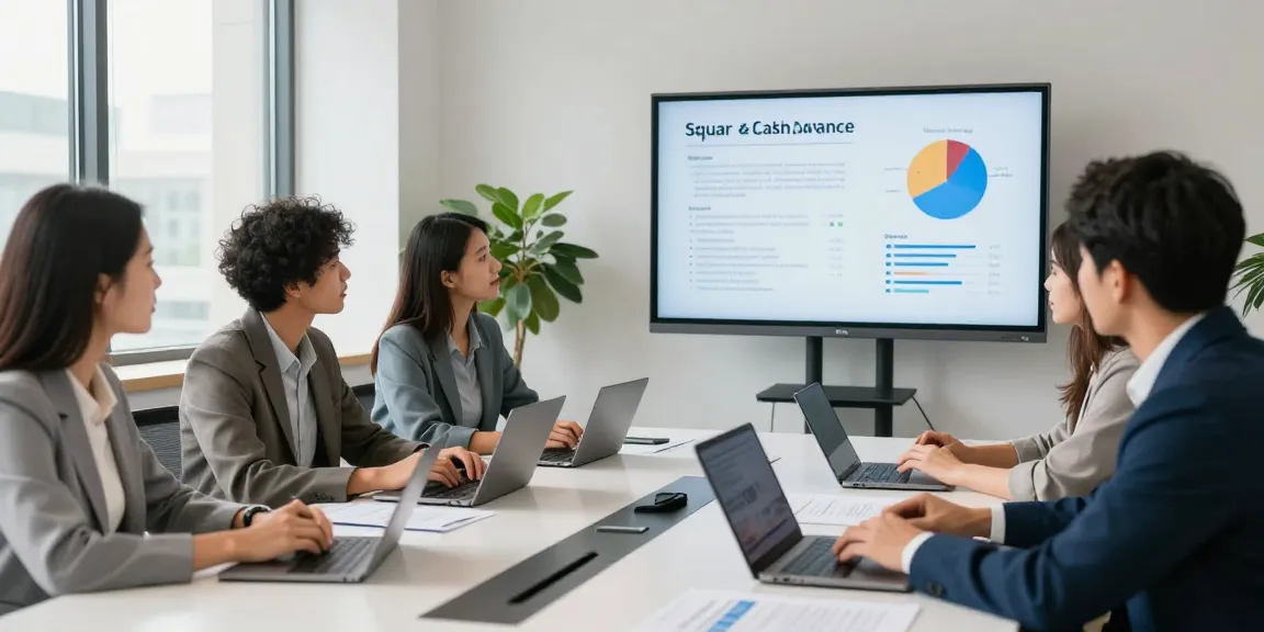Team discussing Square merchant cash advance in a modern office, showcasing collaboration in funding strategies.