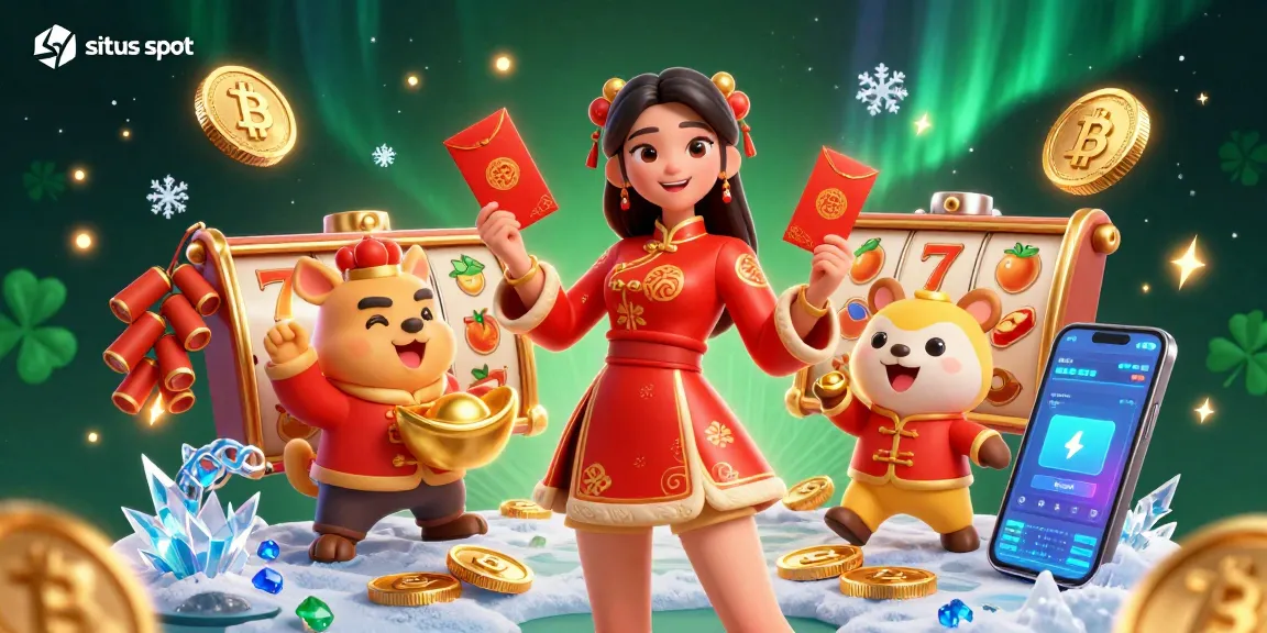 Ilustrasi permainan situs slot yang menampilkan karakter berwarna-warni merayakan dengan gulungan slot, cryptocurrency, dan elemen pesta.