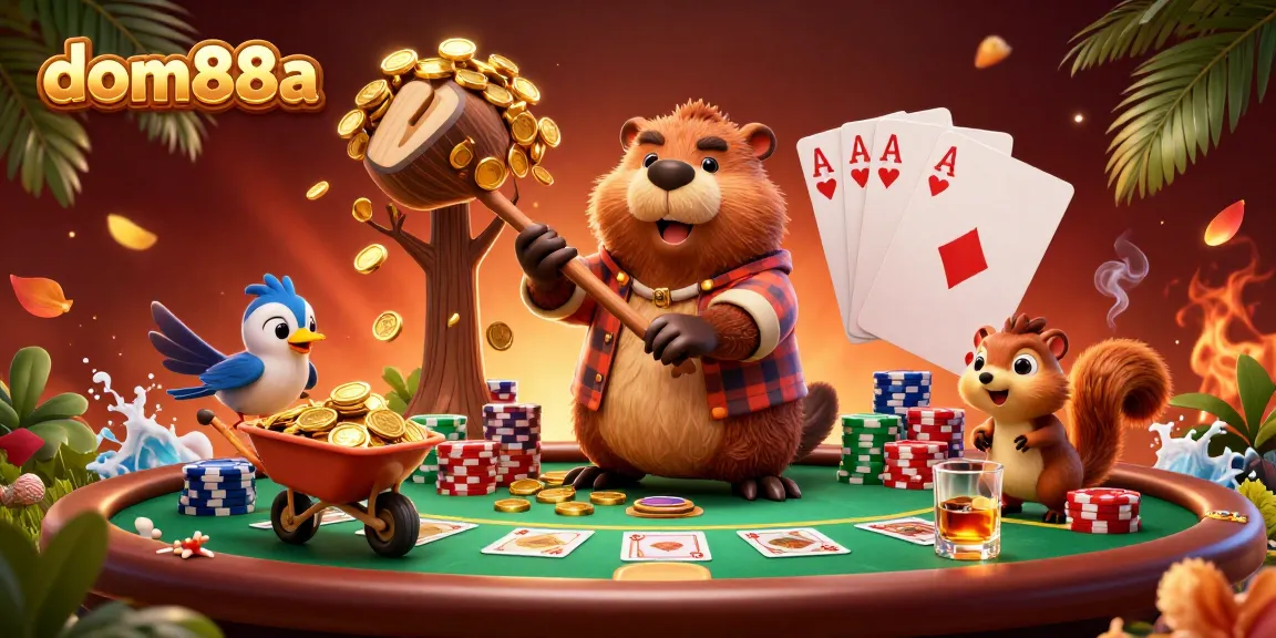 Win big at dom88a with a vibrant cartoon scene of beaver and friends playing poker with gold coins raining down.