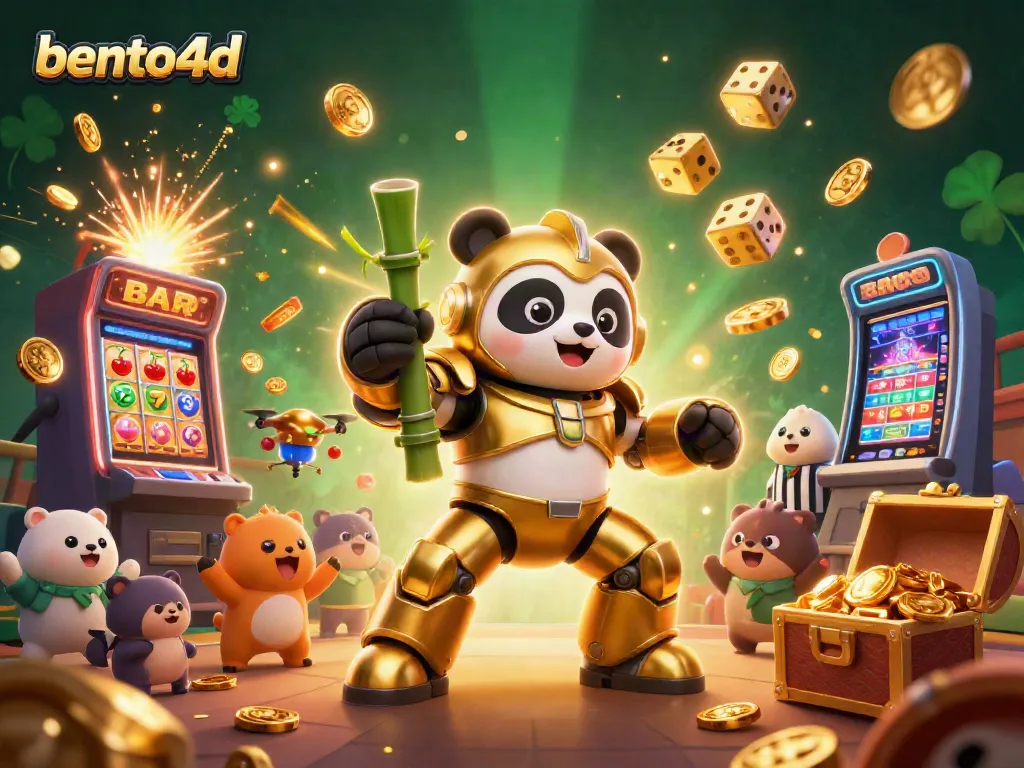 Bento4d's exciting jackpot event featuring a golden panda in a dynamic casino scene.