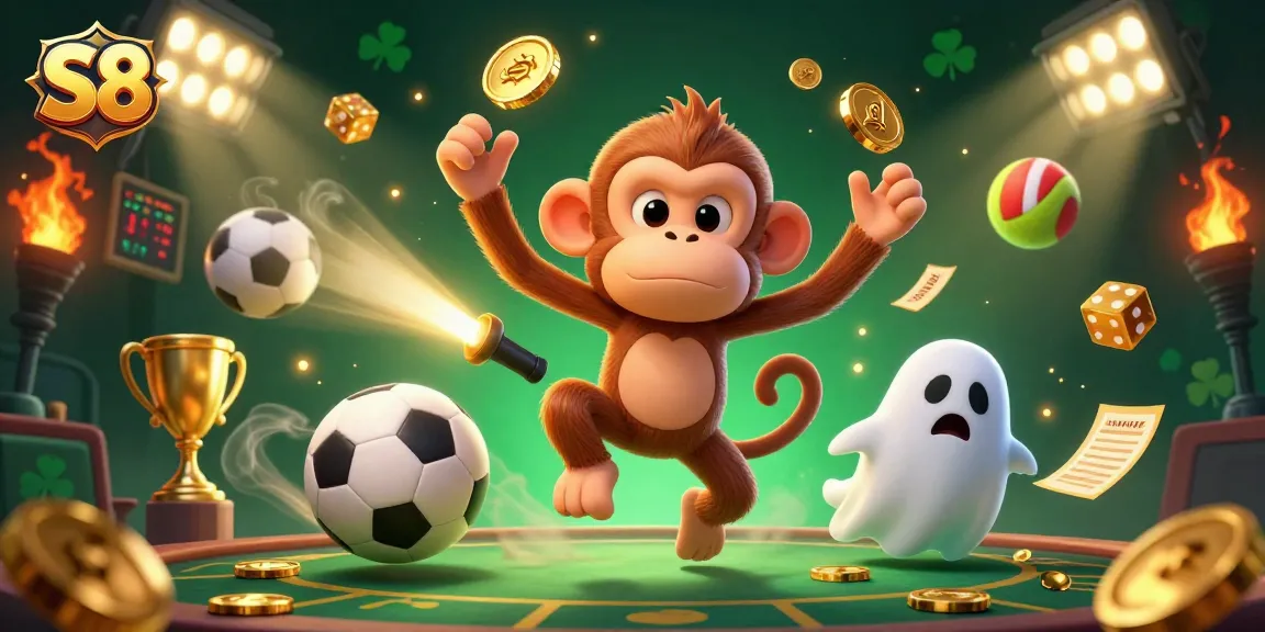 Engage in thrilling gameplay at S8 with the golden juggler monkey amidst a dynamic casino atmosphere.