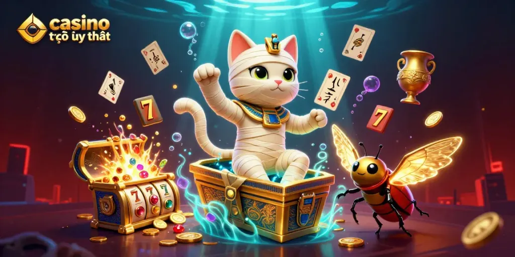 Cát nhồi bông Ai Cập khổng lồ tạo ra bùng nổ kim cương và vàng cùng các biểu tượng slot tại casino trực tuyến uy tín.