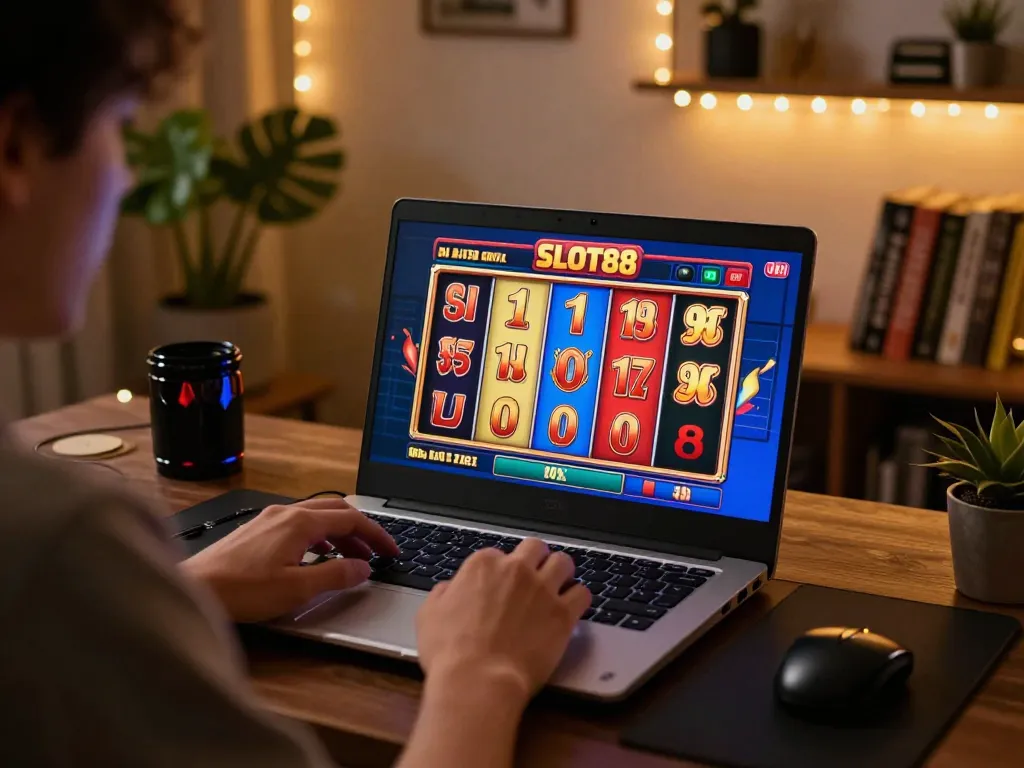 Player spinning the reels on SLOT88 at home in a cozy gaming atmosphere.