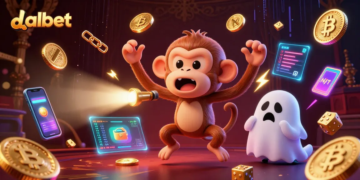 dabet's animated poltergeist monkey juggles casino tokens in a haunted atmosphere with a ghost-hunter puppy.