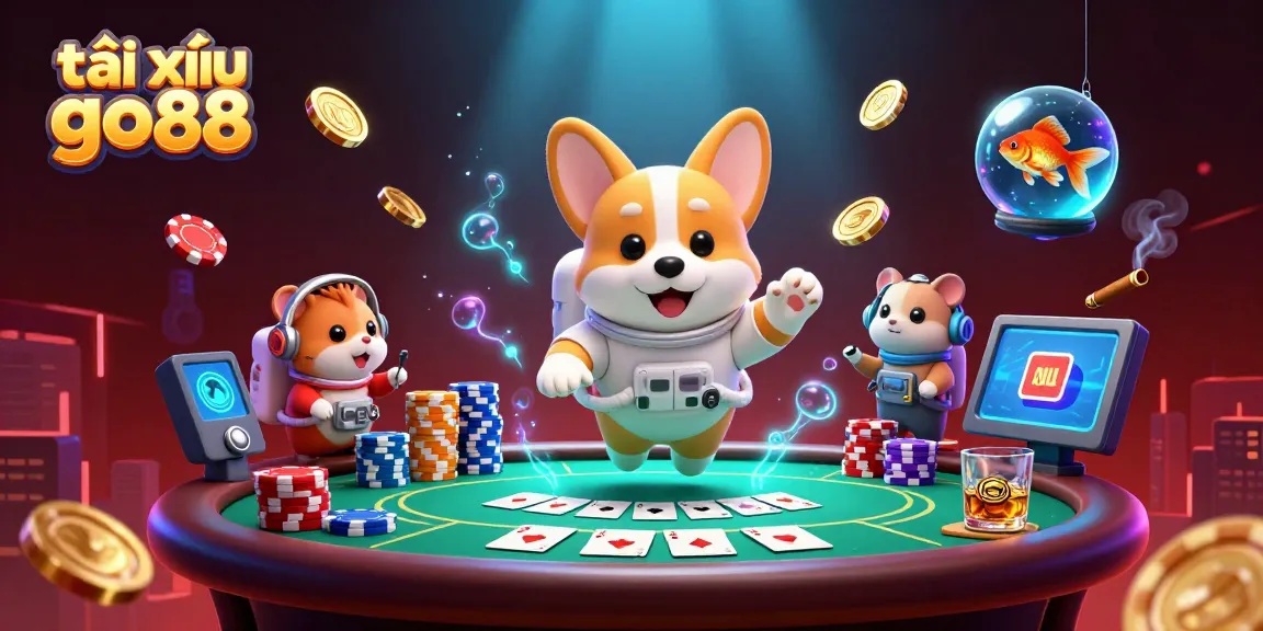 Experience the excitement of tài xỉu go88 with floating poker chips and cosmic characters.