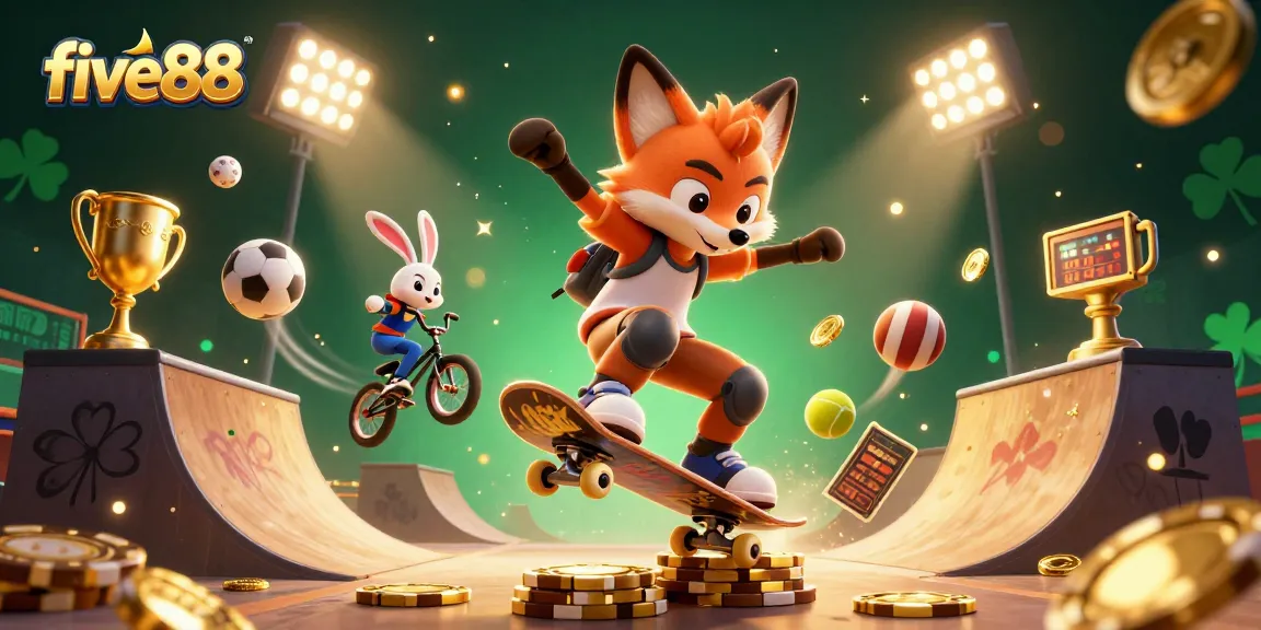 Experience the thrilling action with five88 featuring a fox and rabbit in a vibrant casino scene.