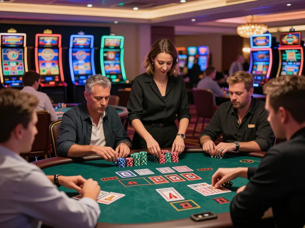 Engaged players at fabet's blackjack tables making strategic betting decisions