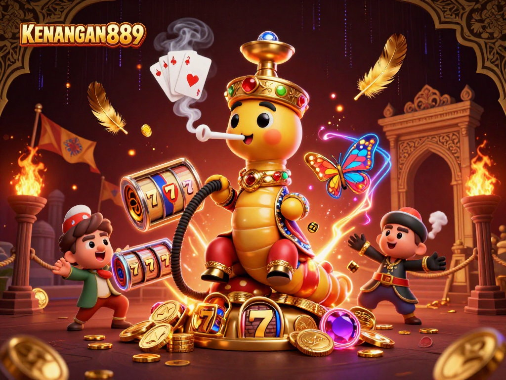 Experience thrilling gameplay with KENANGAN889's immersive casino illustration featuring slot reels and poker symbols.