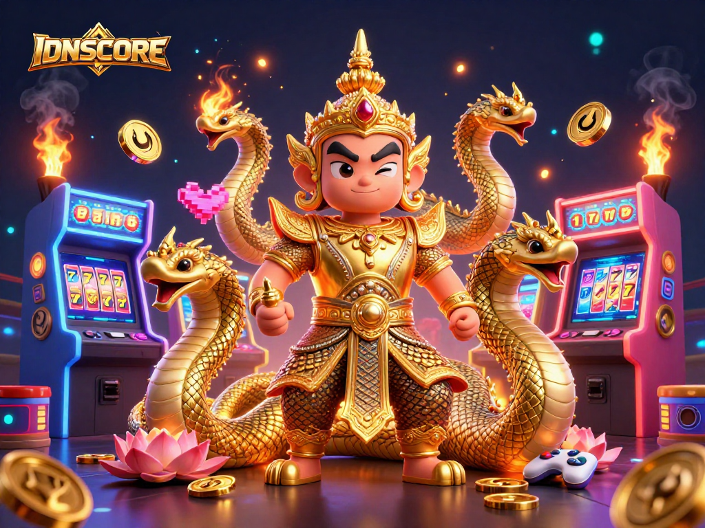 Experience thrilling wins at IDNSCORE, featuring vibrant 3D casino elements and characters in an engaging scene.