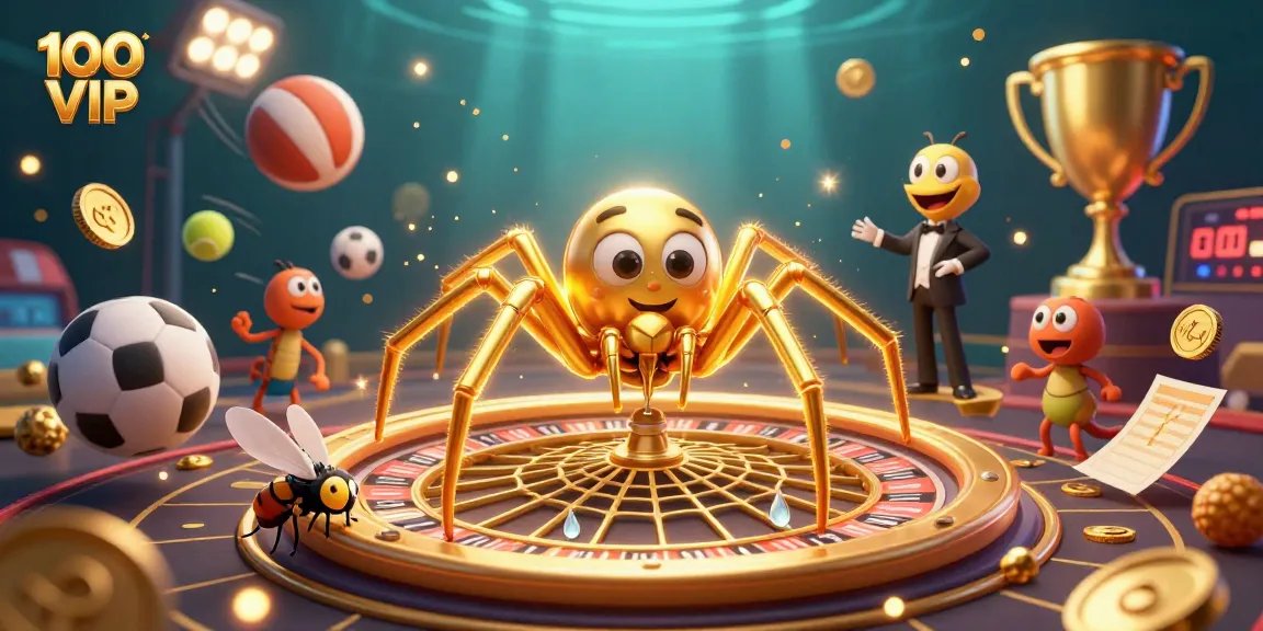 Bet on dynamic 100 VIP games with a golden spider roulette and vibrant sports elements.
