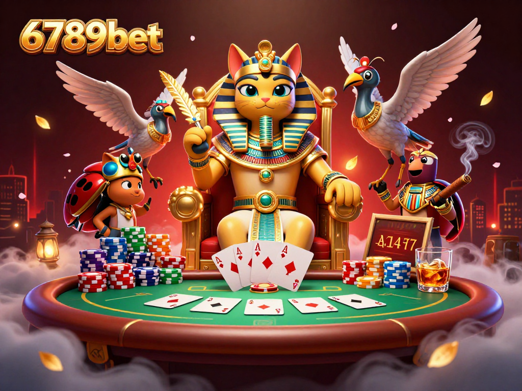 Experience vibrant gaming action at 6789bet with an Egyptian pharaoh cat, poker table, and dynamic gaming elements.