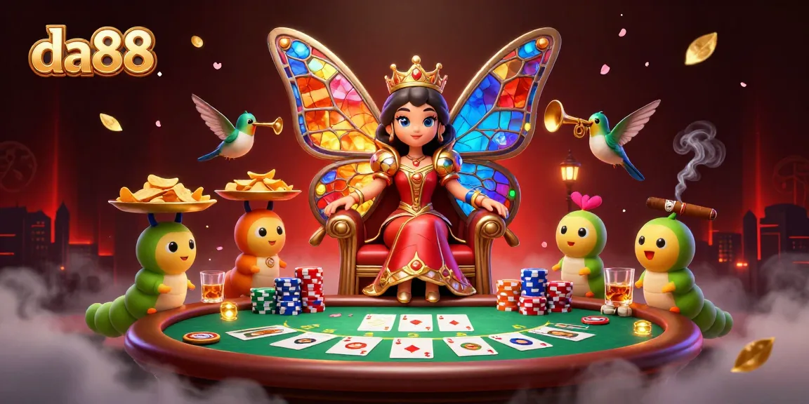 Play da88 and experience a vibrant casino scene with a butterfly queen, poker elements, and more.