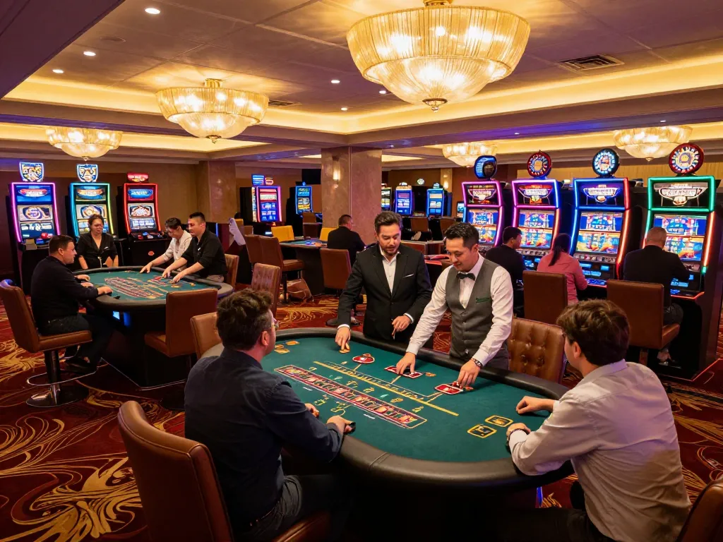Players enjoying strategic gameplay at LLWIN's upscale casino tables with lively atmosphere