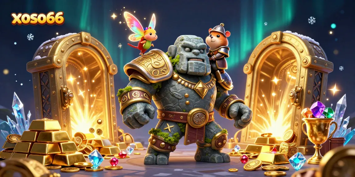 Engage with the exciting world of xoso66, featuring a magical golem guardian amidst treasures and magic.