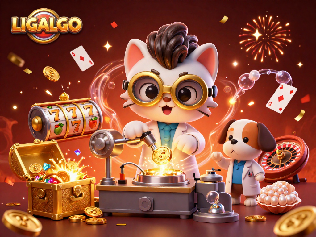 LIGALGO offers an exciting gaming adventure with joyful characters surrounded by coins and vibrant casino elements.