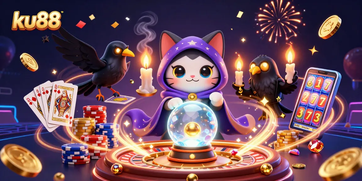 Experience ku88 excitement with a vibrant illustration of dynamic casino elements and characters.