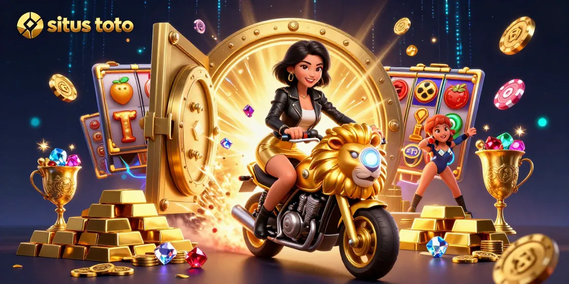 Situs toto features a glamorous Asian woman riding a golden lion, surrounded by vibrant casino elements.