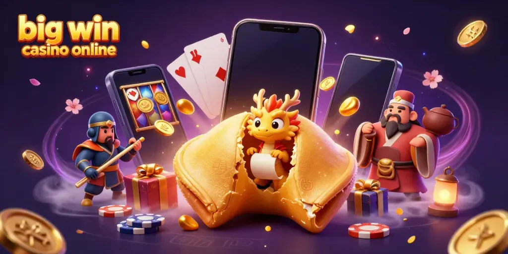 Engage with the vibrant big win casino online scene featuring a golden fortune cookie and dragon among gaming elements.