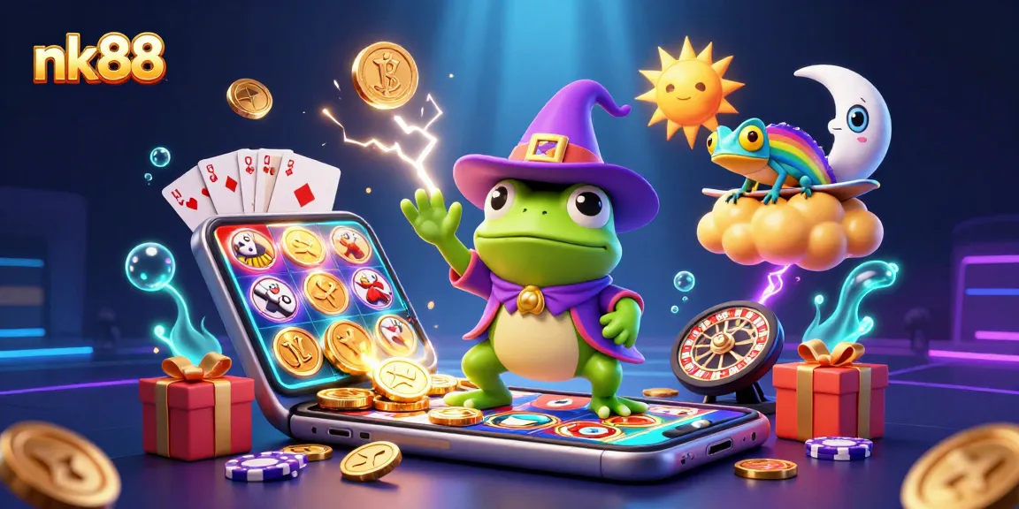 Engage with nk88's thrilling casino experience through a vibrant 3D scene of fun and excitement.