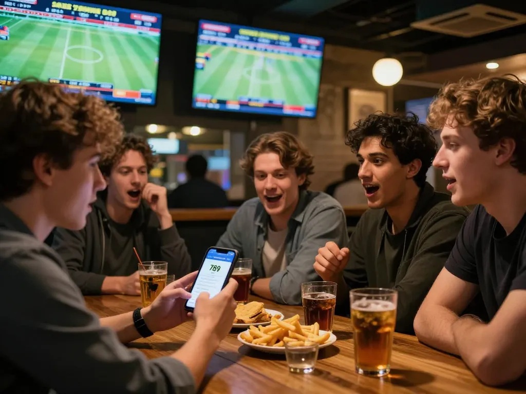 Excited group analyzing game stats while using the 789betgo betting app in a sports bar