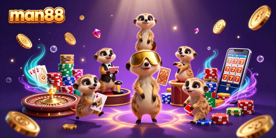Experience thrilling action at man88 with adorable meerkats running a vibrant casino.
