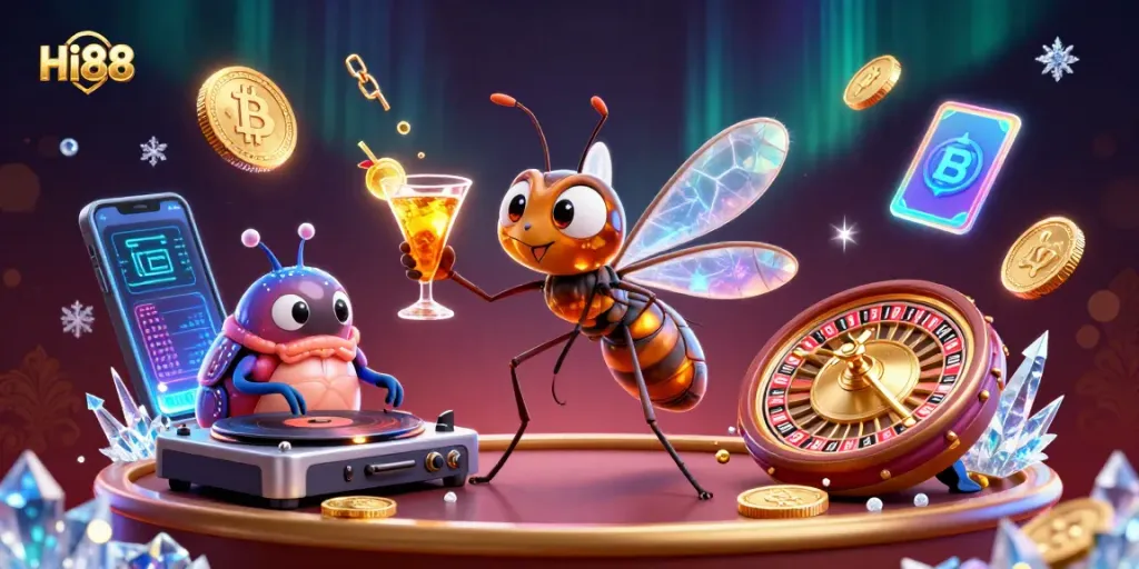 Experience Hi88 with a vibrant casino scene featuring playful mascots and cryptocurrency elements.