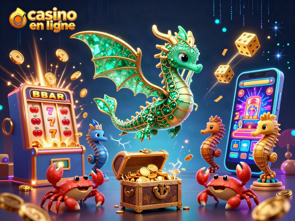 Jouez au casino en ligne avec un dragon marin émeraude, machines à sous et trésor scintillant.