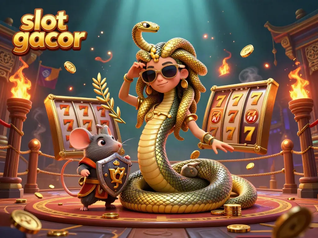 Win big with slot gacor: graphic of Medusa and friends in a vibrant casino atmosphere.